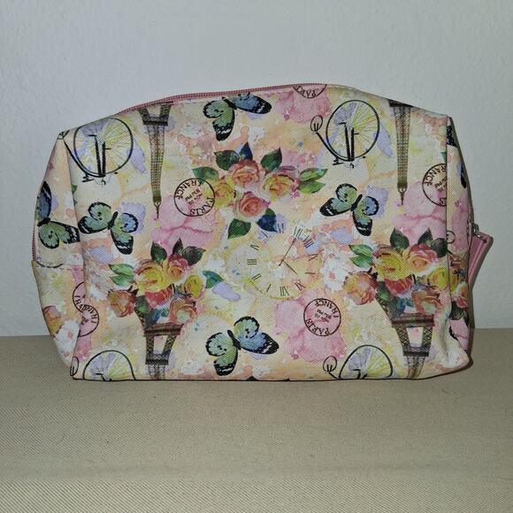 Tahari Makeup Travel Bag With Paris France Butterfly Floral Print Design - Picture 2 of 5